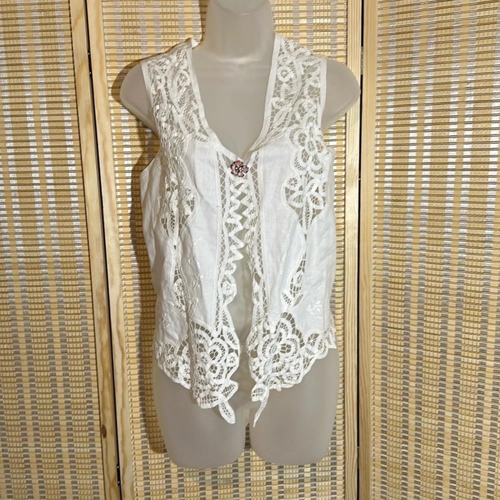 Wimpole Street Vintage 1990s Y2K Crisp White Linen Cotton Lace Vest Large? - Picture 1 of 15